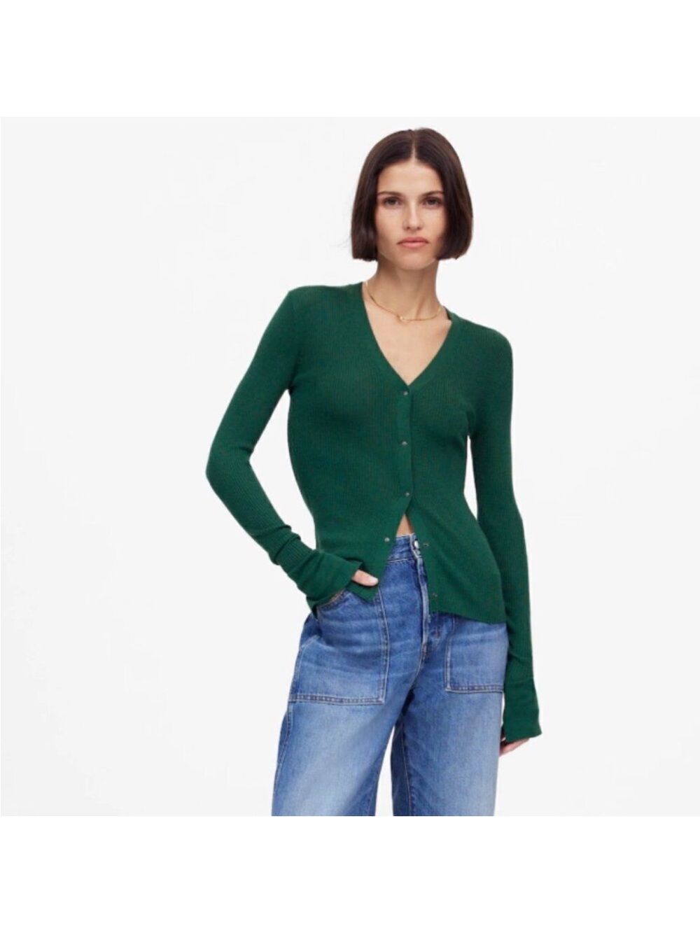 NWT Madewell Green Merino Wool Blend Ribbed V-Neck Cardigan Size Small
